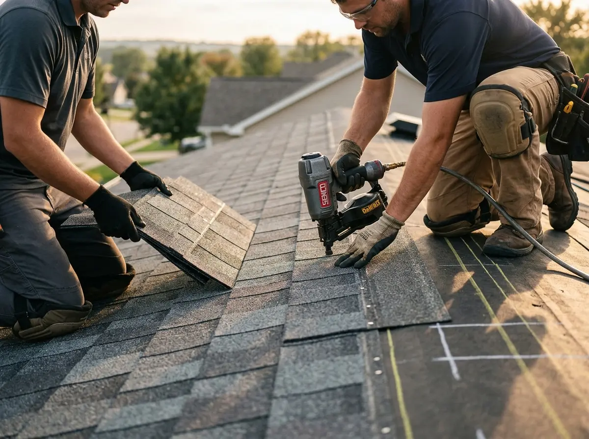 Professional roofer working on a residential roof in Lakeville